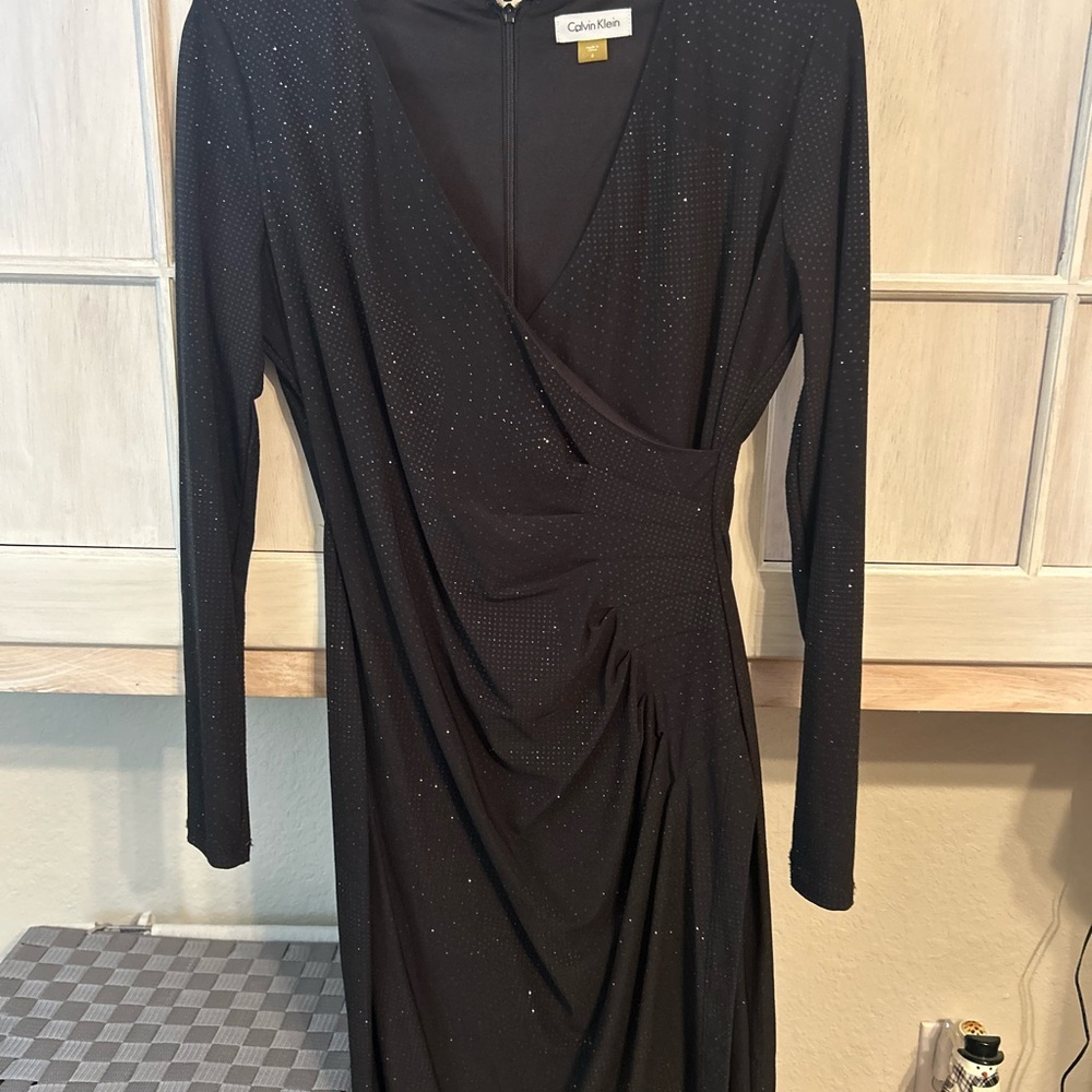 Calvin Klein Black Long Sleeve Sparkle Wrap Dress
